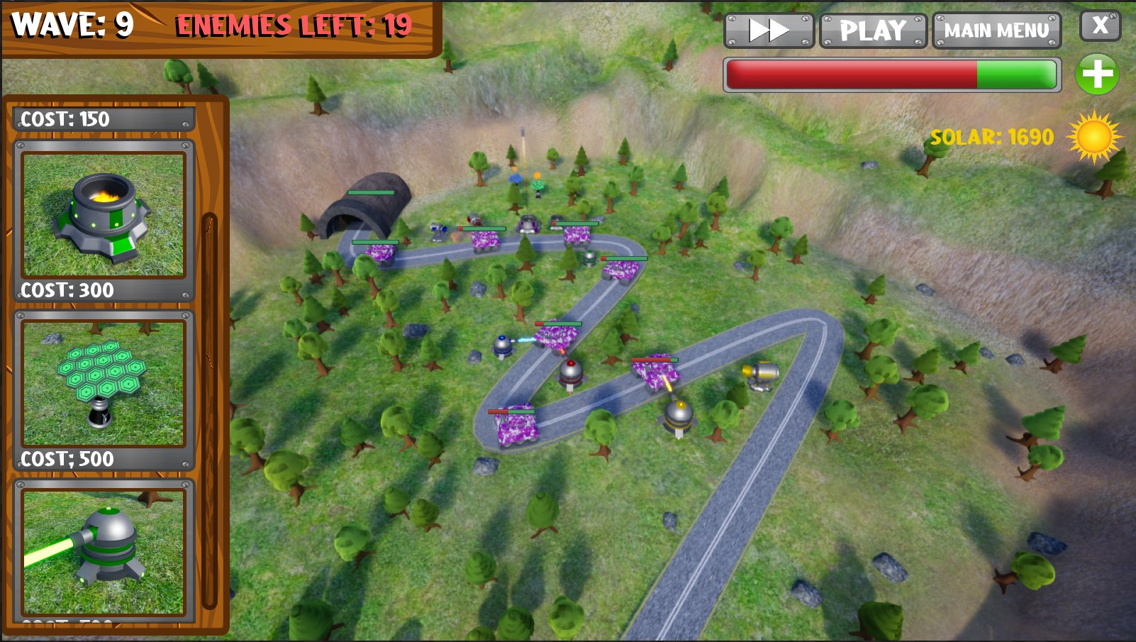 Gameplay — towers engaging enemies mid-wave