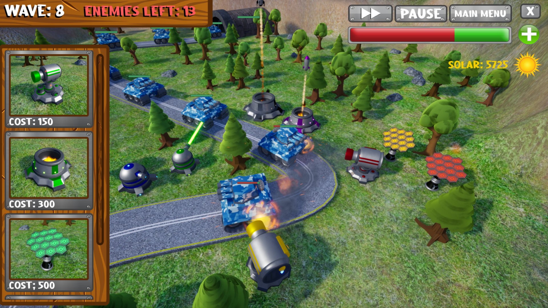 Gameplay — towers defending against a wave of tanks on the procedural path